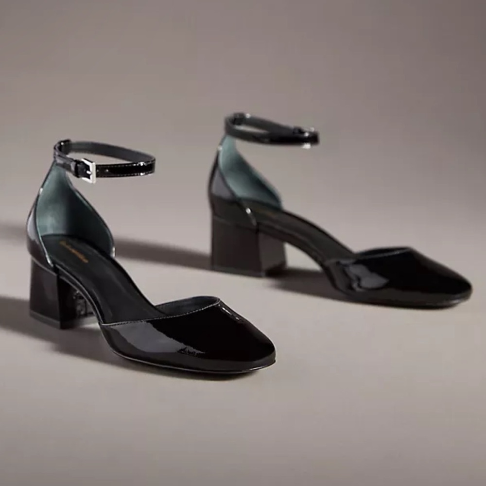 Reformation Black Patent Leather Block Heel Ankle Strap Pumps